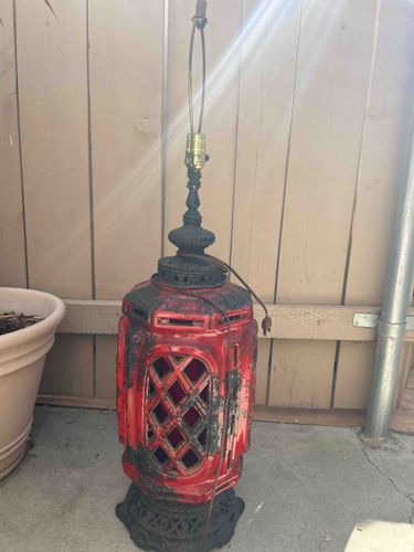 Distressed Red Lantern Style Table Lamp