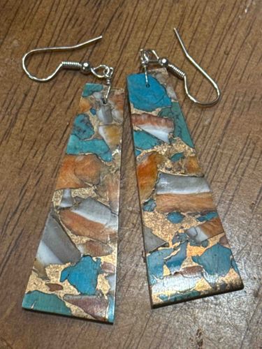 Mosaic Inlay Dangle Earrings with Turquoise and Orange Hues