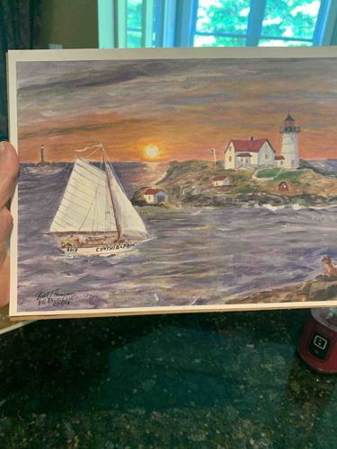 Sailboat and Lighthouse Sunset Seascape Print by Rob Thomas