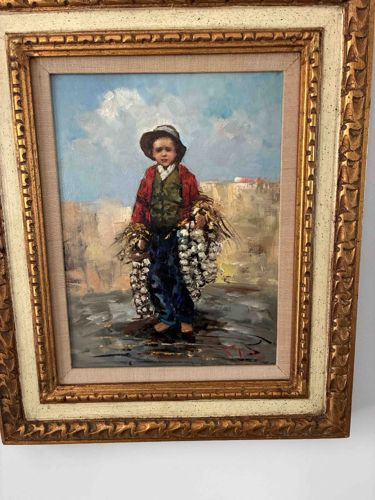 Oil Painting of a Boy Carrying Bundles (Genre Scene)