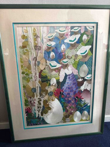 Roussel Abiker Framed Folk Art Textile 'Egg Gathering' or 'The Egg Sellers'