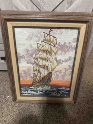 Framed Tall Ship Needlepoint Art