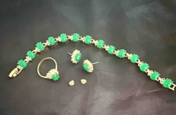 Genuine Green Jade, Gold Plated, and Crystal Jewelry Set (Bracelet, Ring, Earrings)
