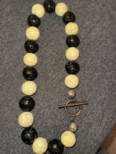 Carved Bone and Wood Bead Toggle Necklace