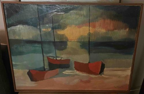 Abstracted Seascape with Three Red Boats, dated 1967
