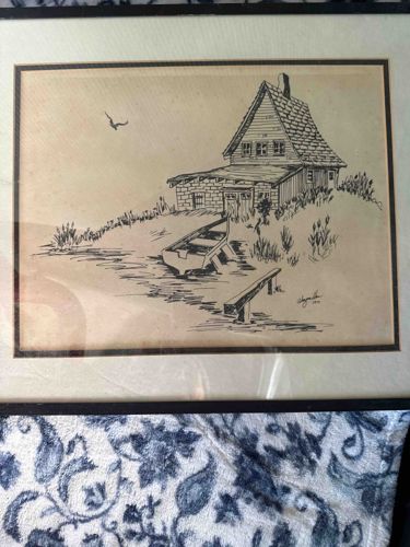 Framed Ink Pen Drawing of a House by the Water