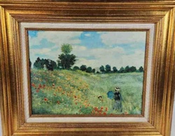 Impressionistic Landscape Painting with Poppies and Figures in Gold Frame