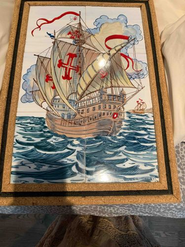 Portuguese Caravel Ceramic Tile Mural with Cork Frame