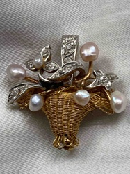 Victorian / Early Edwardian Enamel and Pearl Flower Basket Brooch