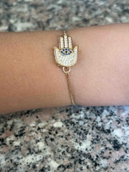 Gold-Toned Hamsa Hand Charm Bracelet with Cubic Zirconia and Evil Eye Motif