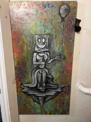 Mixed Media Abstract Painting with Anthropomorphic Figure