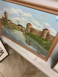 Framed Painting of European Castle/City Riverscape