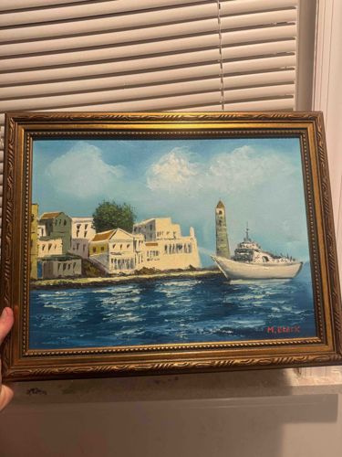 Seascape Painting with Mediterranean Village and Boat