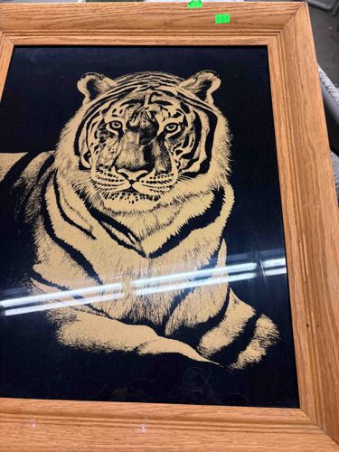Framed Golden Tiger Etching on Black Background