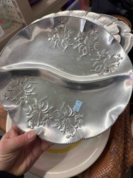 Two-Compartment Embossed Aluminum Serving Tray with Floral Motif