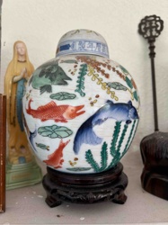 Chinese Polychrome Porcelain Ginger Jar with Fish and Aquatic Motif