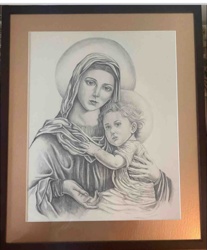 Pencil Drawing of Virgin Mary and Child in Frame