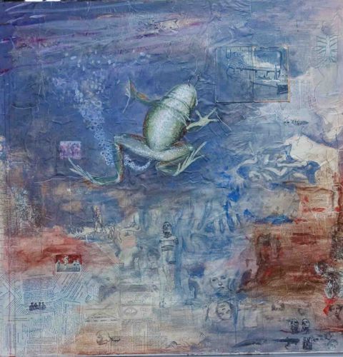 Mixed-Media Surrealist Collage with Frog Motif
