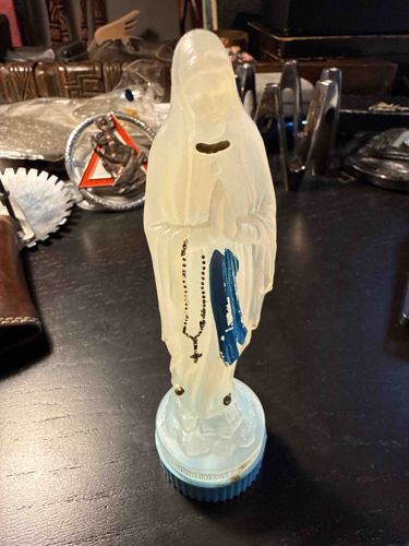 Vintage Frosted Low-Density Polyethylene Plastic Holy Water Bottle in the Image of the Virgin Mary