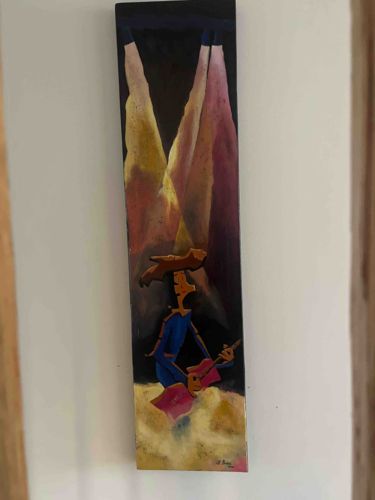 Modernist Folk Art Style Guitarist Painting on Wood Panel