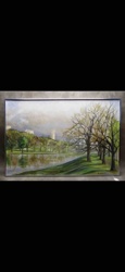 Lakeside Landscape Painting with Distant Tower