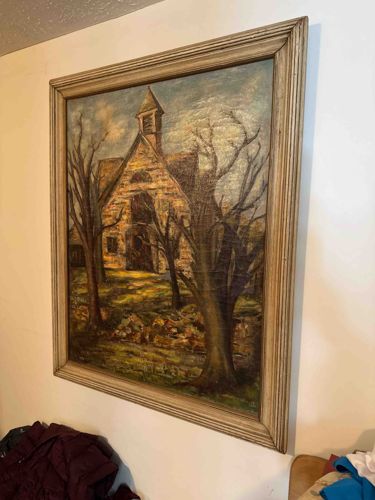Mid-Century Stone Church Landscape by Juanita Williams