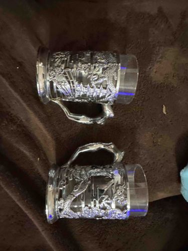 Silver-Plated Mugs with Glass Inserts and Hunting Scene Motif