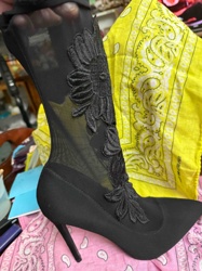 Black Mesh and Embroidered Stiletto Ankle Boots
