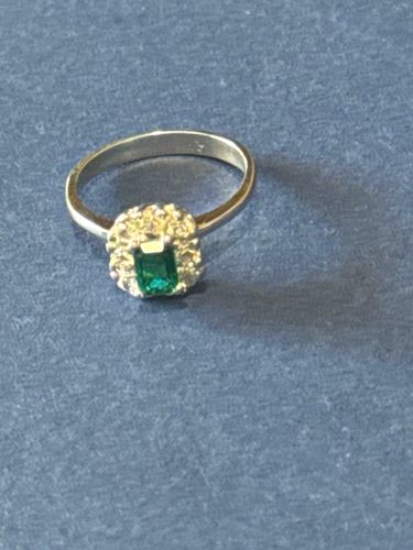 Halo Ring with Emerald-Cut Green Gemstone