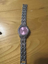 Women's Silver-Tone Watch with Pink Dial and Rhinestone Accents