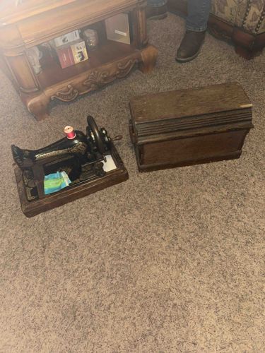 Antique Cast Iron Sewing Machine with Wooden Cover