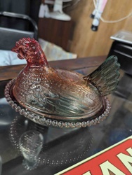 Iridescent Pressed Glass Hen-on-Nest Covered Dish