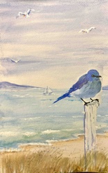 Coastal Scene with Blue Bird and Sailboat (Original Painting by Mary Chesney)