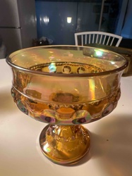 Iridescent Amber Carnival Glass Footed Bowl