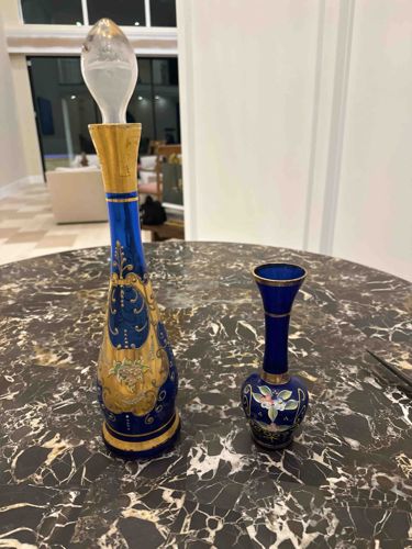 Pair of Bohemian/Venetian Cobalt Blue and Gilt Enameled Glass Vases/Decanter