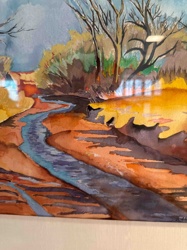 Watercolor Landscape Painting of a Winding Stream and Autumn Foliage