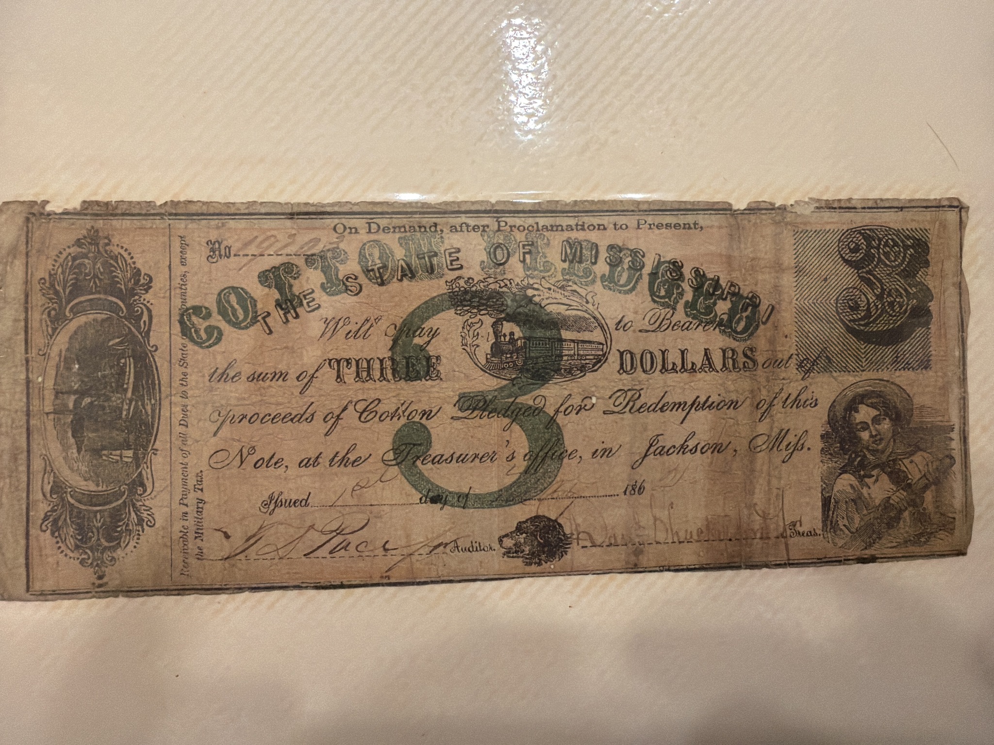 Submitted photo of Three Dollar State of Mississippi Cotton Note (unauthenticated)