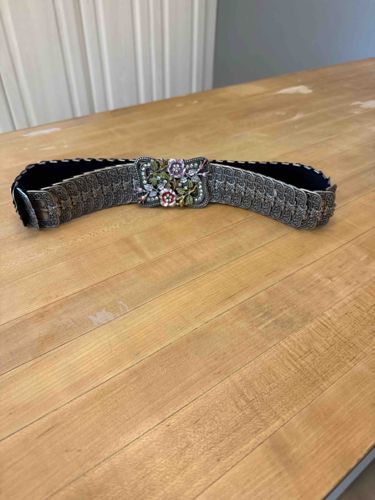 Vintage Filigree Stretch Metal Belt with Enamel Floral Buckle