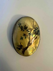 Hand-Painted Mother-of-Pearl Brooch with Bird and Tree Motif