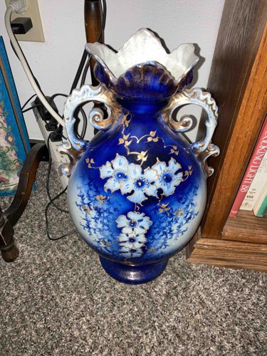 Victorian-Style Cobalt Blue and White Hand-Painted Handled Vase