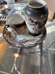 Japanese Dragon Motif Ceramic Tea Set Components (Cup, Vase, Saucer)