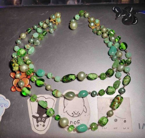 Vintage Multi-Strand Green Glass and Faux Pearl Bib Necklace