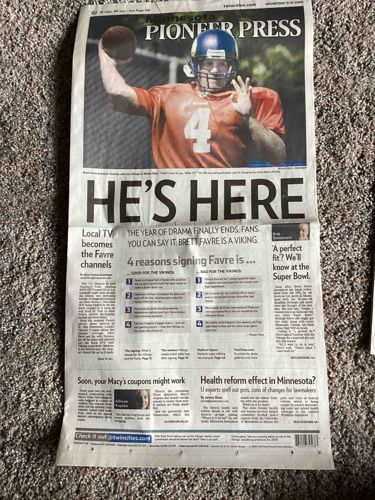 Pioneer Press Newspaper - Brett Favre Joins Vikings, August 19, 2009