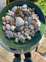 Assorted River Rocks and Decorative Figurines in a Green Basin