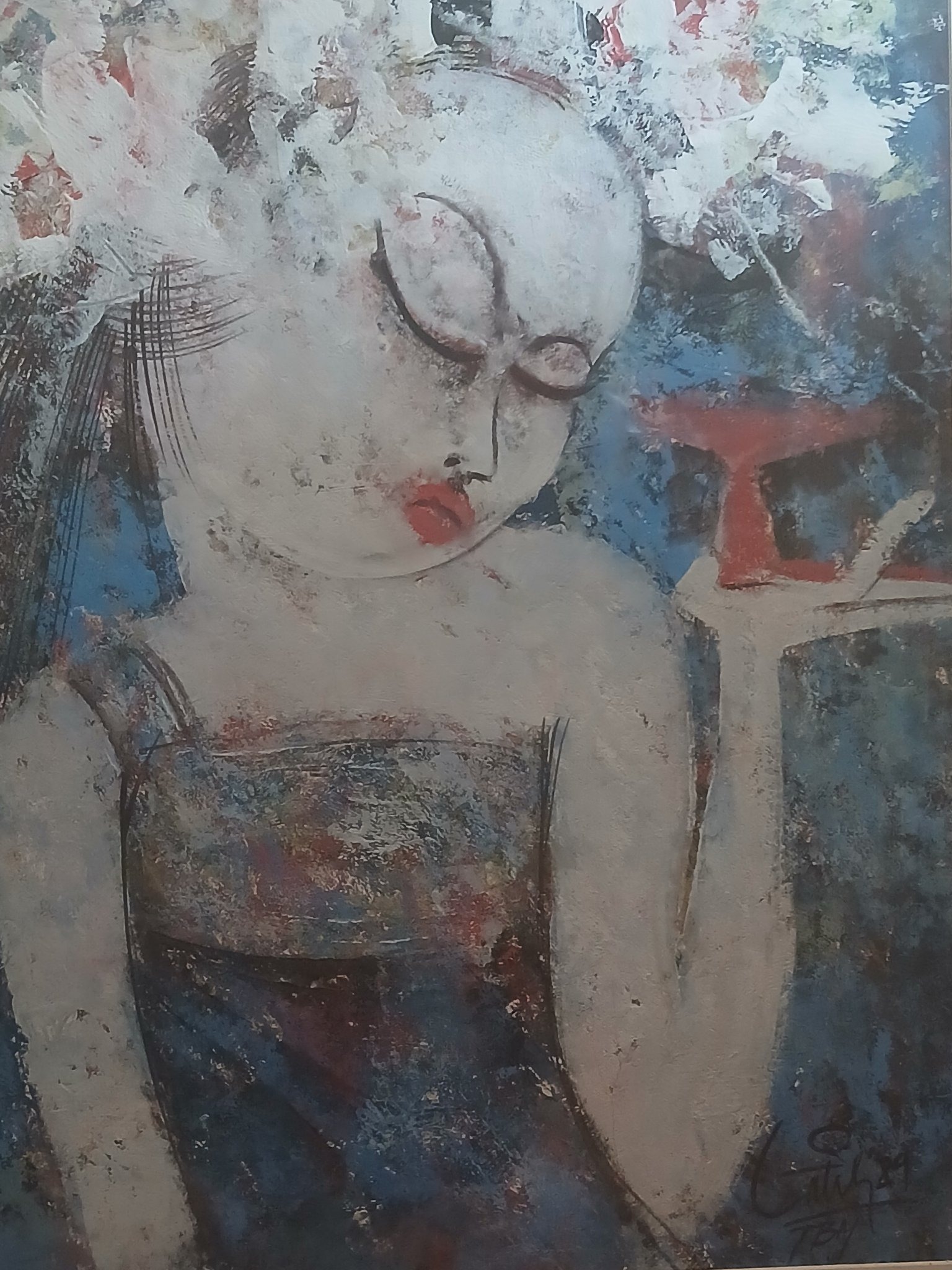 Submitted photo of Mixed Media Figural Painting bearing an illegible signature