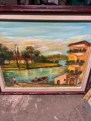Riverside European Scene Mixed Media Painting
