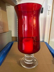 Red Glass Hurricane Candle Holder with Clear Pedestal Base