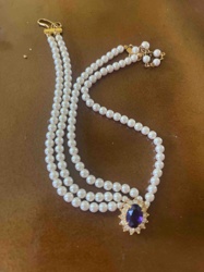 Triple Strand Pearl Necklace with Purple Stone Pendant