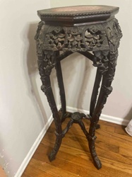 Chinese Hand-Carved Teakwood Pedestal with Rosewood Top and Marble Inset