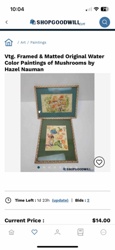 Vintage Framed & Matted Original Watercolor Paintings of Mushrooms by Hazel Nauman